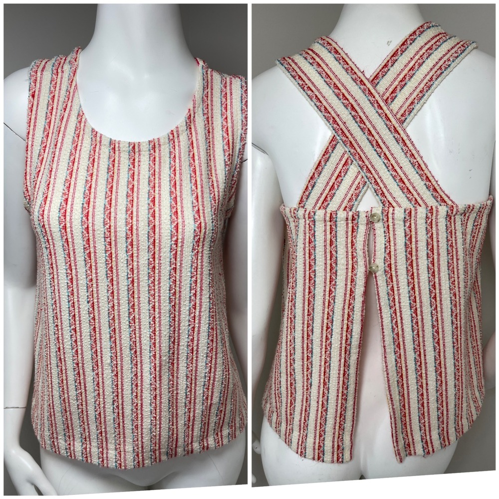 Madewell Textured Stripe Cross Back Button Tank Top Red White Medium
